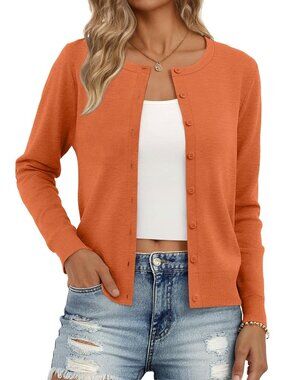 Trendy Queen Women's Orange Crew Neck Lightweight Knit Cardigan Sweaters